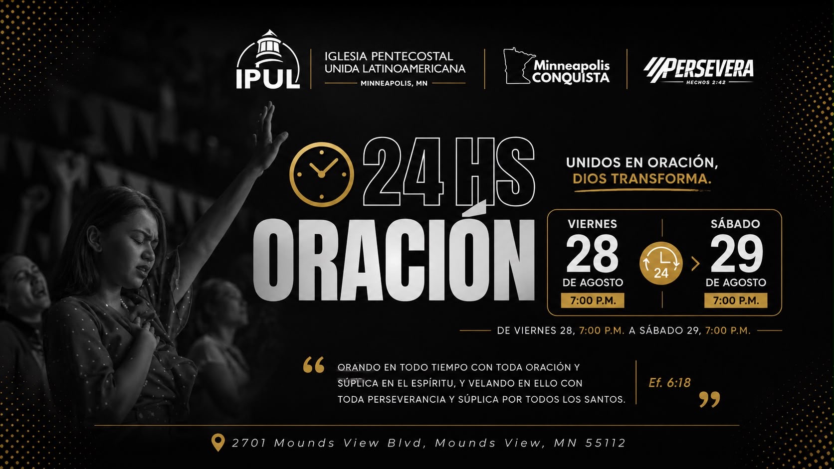 Flyer oficial de las 24 horas de oración de IPUL Minneapolis